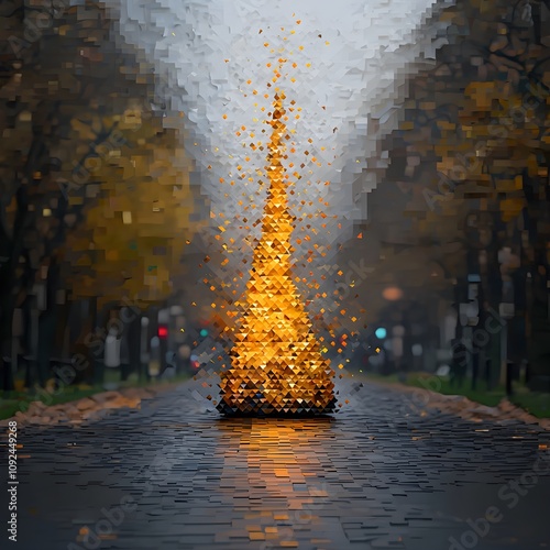 Abstract golden sculpture emerging on a misty street photo