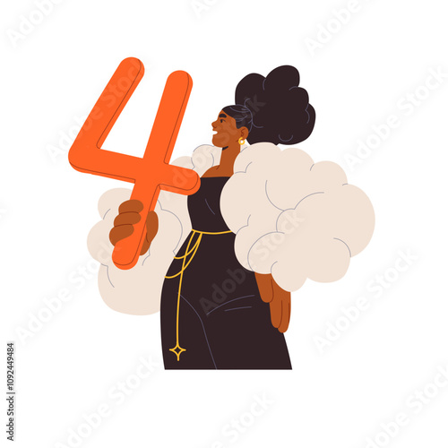 Happy black lady holds big shape of number four in hand. Young woman in festive dress with red figure of 4. New year holiday. Christmas 2024. Flat isolated vector illustration on white background