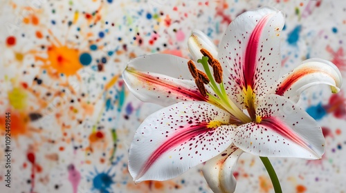 Siroi Lily with colorful paint splatters behind it photo