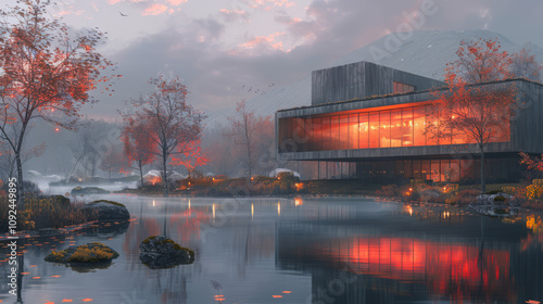 Modern architectural villa with glass facade by tranquil autumn lake at sunset
