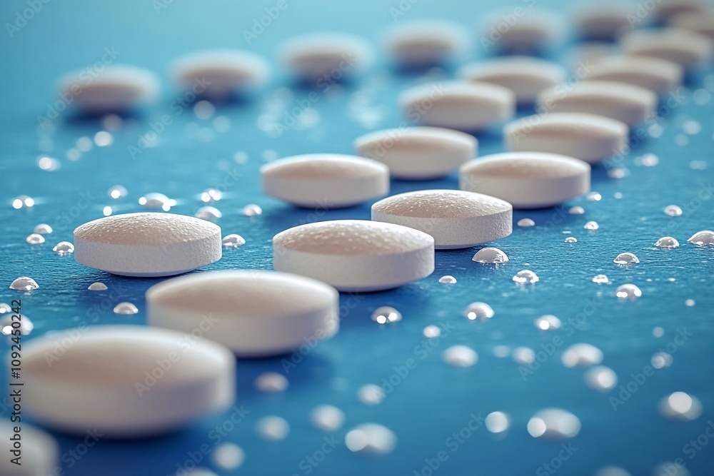 The white tablets are neatly arranged on a light background, creating a clean and minimalist look. The smooth surface and uniform shape of the tablets are visually striking, The white tablets are neatly arranged on a light background, creating a clean and minimalist look. The smooth surface and uniform shape of the tablets are visually striking,