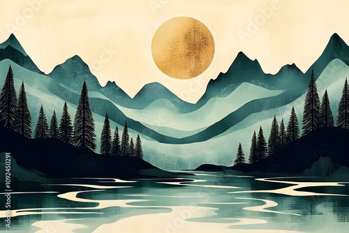 abstract wall art lake tahoe mountain serene national park poster silhouette drawing illustration scenery landscape outdoor travel