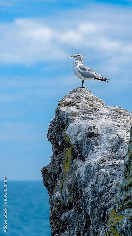 A Seagull Perched on a Rocky Cliffside Against a Blue Sky A Seagull Perched on a Rocky Cliffside Against a Blue Sky