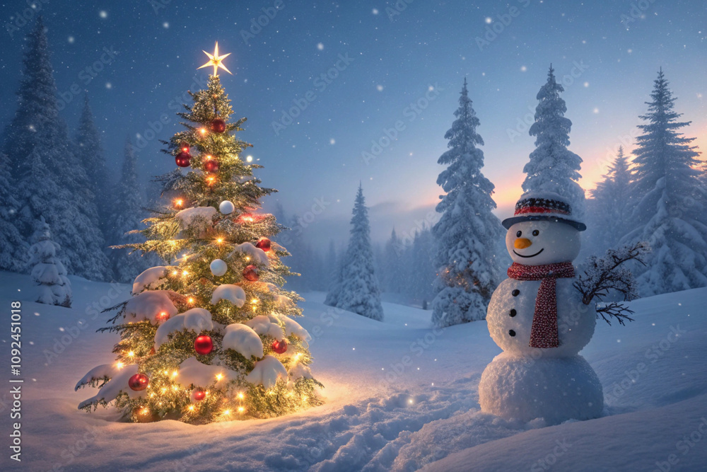 Obraz premium Snowman and Christmas Tree Poster - Festive Winter Holiday Design for Prints and Cards