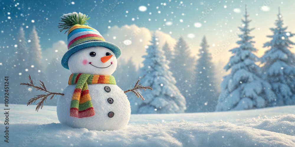 Fototapeta premium Snowman and Christmas Tree Poster - Festive Winter Holiday Design for Prints and Cards