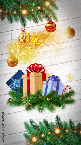 Merry Christmas and Happy New Year animated vertical background. 2D animation. Digital background for your projects, reels and stories. Animated greeting card