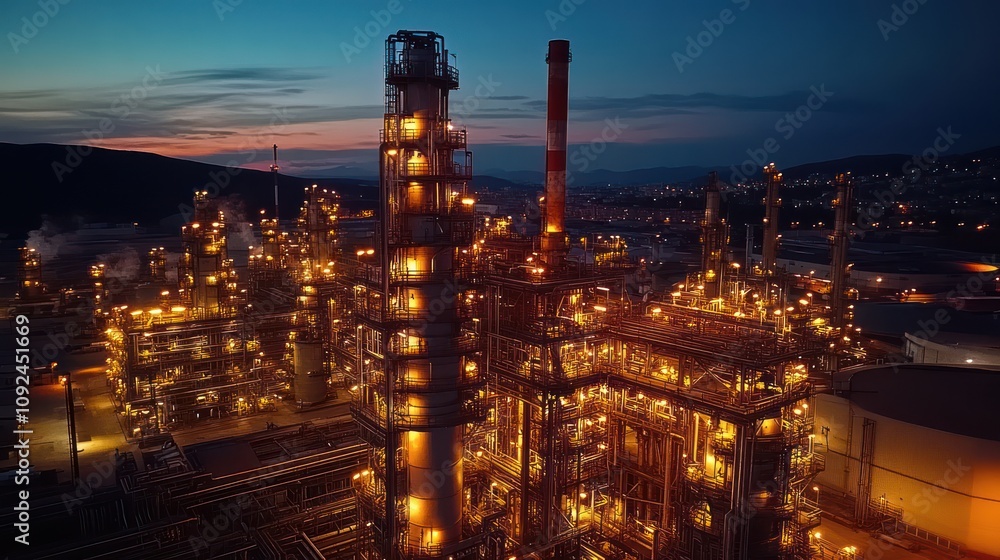 Obraz premium Oil refinery terminal. Power energy industry. Oil refinery factory with electric lights. Gas and oil refinery industrial complex with pipelines