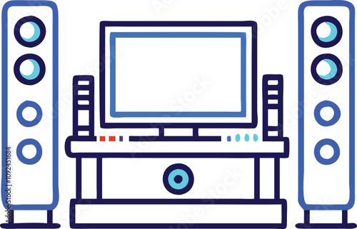 Home Theater System with Speakers Illustration, Illustration of a home theater setup featuring a screen and tall speakers, ideal for entertainment, audio, and technology visuals.  
