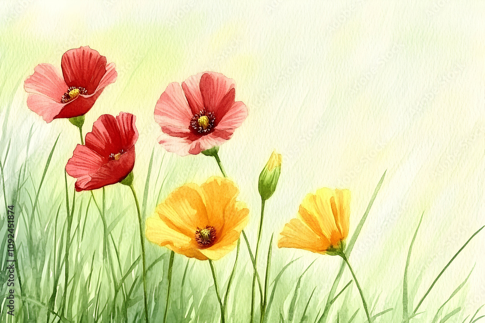 Fototapeta premium Watercolor Painting of Poppies and California Poppies Blooming in a Field