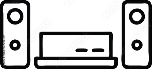 Minimalist Home Theater System Line Art, Black-and-white line art illustration of a home theater setup with a screen and two speakers, ideal for entertainment-themed visuals.  
