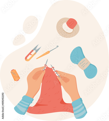 Hand sewing activity with colorful yarn and tools on a flat desk. Woman engages in DIY craft supplies for creative projects. Concept of crafting, hobby, and handmade artistry, suitable for workshops