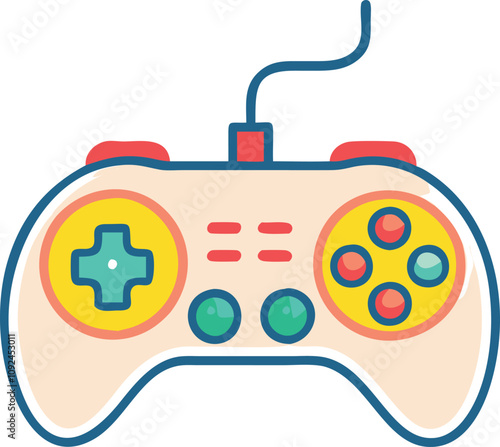 Colorful Wired Gaming Controller Illustration, Illustration of a vibrant wired gaming controller with colorful buttons, ideal for video games, entertainment, and technology-themed visuals.  
