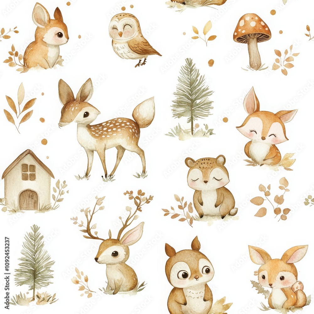 Obraz premium Whimsical Forest Animals in Watercolor Style