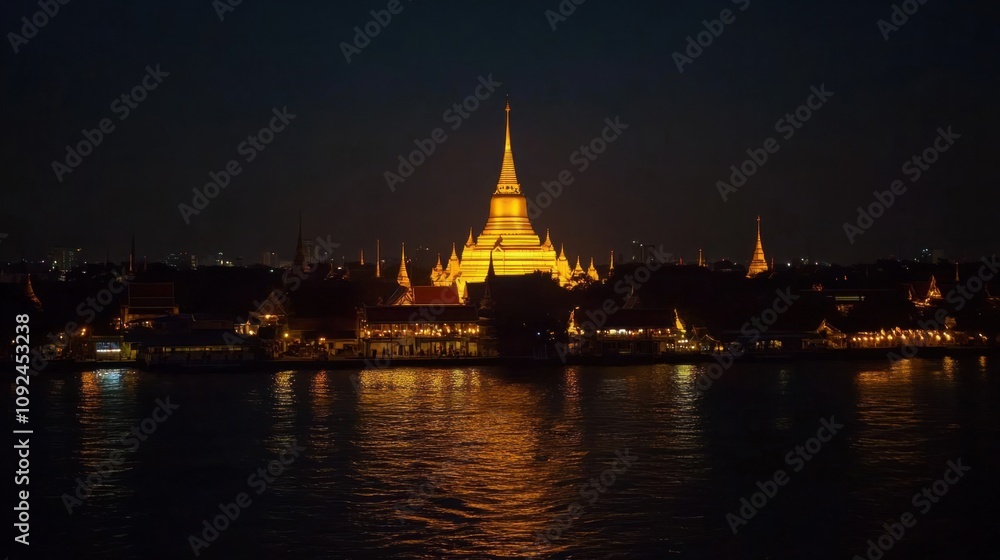 Fototapeta premium Wat Saket (Golden Mount) illuminated at night, standing out against the Bangkok skyline