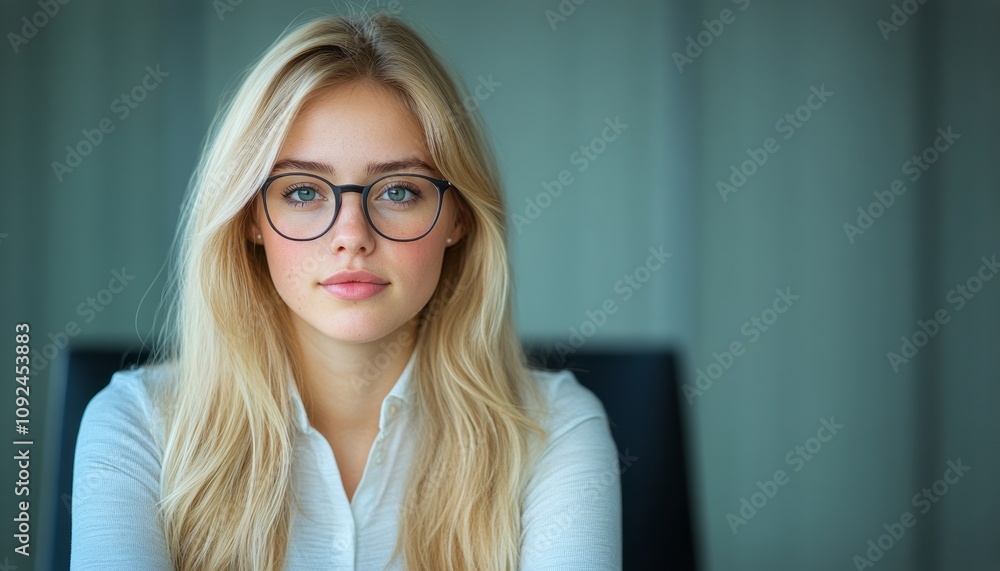 Young woman with glasses poses confidently in a modern office environment Young woman with glasses poses confidently in a modern office environment
