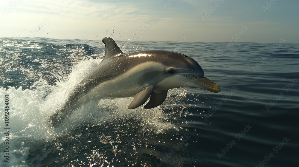 Obraz premium Dolphin leaping out of ocean under clear sky