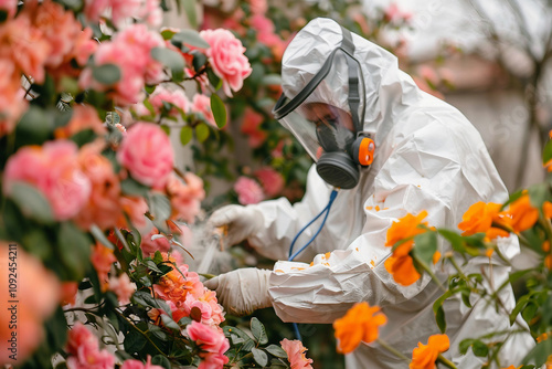 Generative AI Image of Gardener in Protective Gear Spraying Flowers in Greenhouse photo