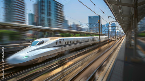 A high-speed bullet train whizzing past a blur of urban scenery, seamlessly connecting distant cities.
