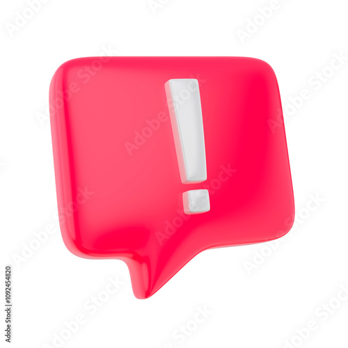 Red and white speech bubble exclamation icon sign or attention caution mark. Warning error message or problem. Concept of communication type talk. 3d rendering