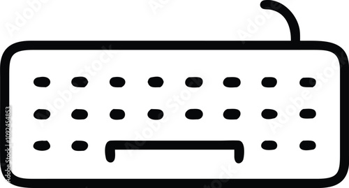 Minimalist Wired Computer Keyboard Line Art, Black-and-white line art illustration of a wired computer keyboard, ideal for technology, workspace, and office-themed visuals.  
