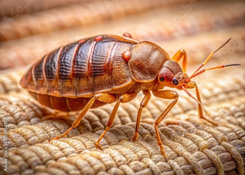 Close-Up Drone Photography of Cimex Hemipterus Bedbug on Bed Background - Macro Insect Shot, Entomology, Pest Control, Infestation Awareness, Bedbug Identification, Home Hygiene photo