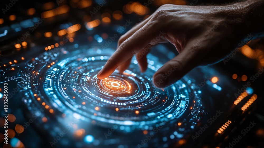 Obraz premium Futuristic Interface Hand Interacting with Digital Hologram