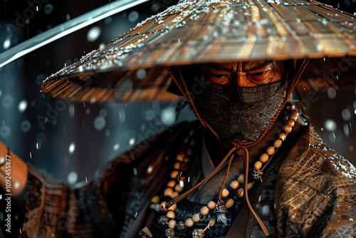 Generative AI Traditional Samurai Warrior with Intense Expression in Historical Armor, legend character photo