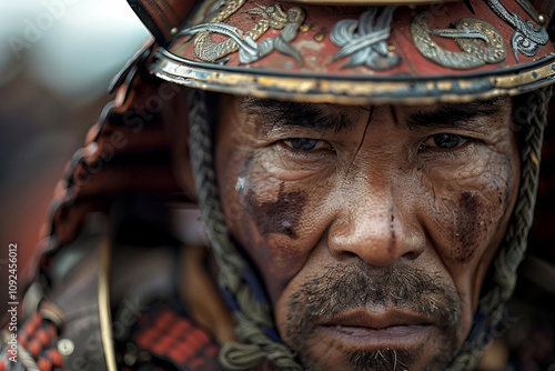 Generative AI Traditional Samurai Warrior with Intense Expression in Historical Armor, legend character photo