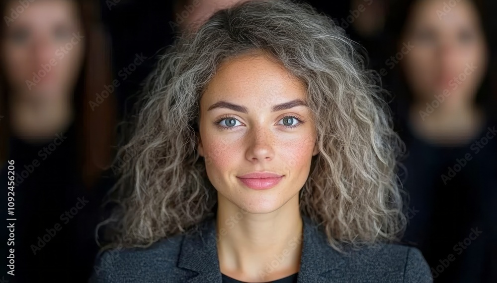 Confident young woman with curly hair stands out among dark-clad group in professional setting Confident young woman with curly hair stands out among dark-clad group in professional setting
