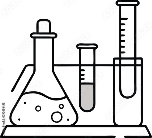 Minimalist Laboratory Glassware Set Line Art, Black-and-white line art illustration of a set of laboratory glassware, including flasks and test tubes, ideal for science and research visuals.  
