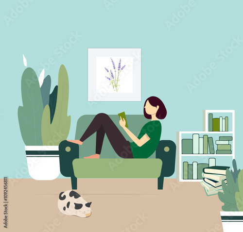 Woman sitting in armchair and reading book. Cozy living room interior in green tones with painting, plants and bookshelves. Flat vector illustration