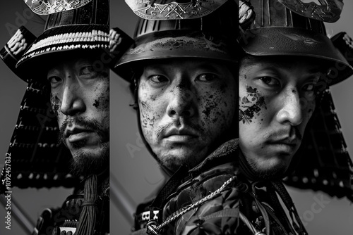 Generative AI Image of a Traditional Samurai Warrior with Intense Expression in Historical Armor and Face Paint photo