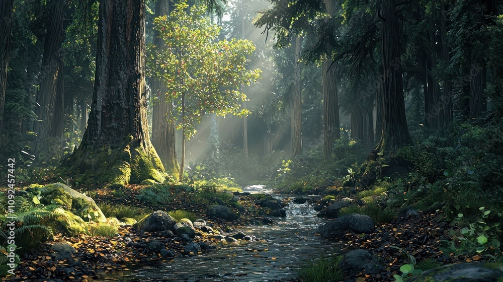 Pristine forest with stream and ancient trees Pristine forest with stream and ancient trees