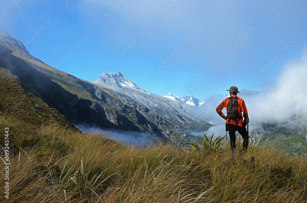 Hunter high in tussock alpine area with snowy mountains in background Hunter high in tussock alpine area with snowy mountains in background