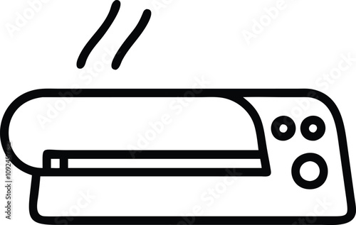Minimalist Laminating Machine Line Art Icon, Black-and-white line art illustration of a laminating machine, ideal for office, document management, and productivity-themed visuals.  
