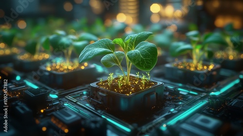 In this image, small plants grow in illuminated pots within a high-tech environment, showcasing the merging of nature and technology in agriculture with a futuristic touch. photo