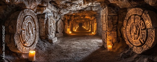 Ancient cave with stone carvings and candles illuminating the mystical tunnel. photo