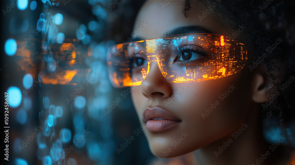 Woman gazes thoughtfully through futuristic glasses with city reflections while colorful lights create an ambient atmosphere. Generative AI Woman gazes thoughtfully through futuristic glasses with city reflections while colorful lights create an ambient atmosphere. Generative AI