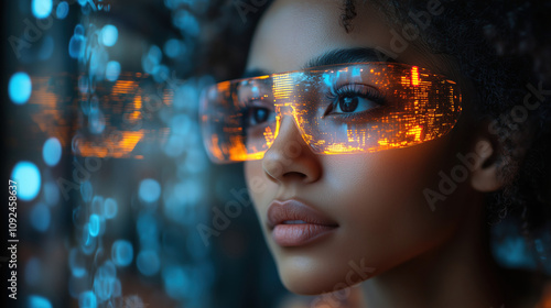 Woman gazes thoughtfully through futuristic glasses with city reflections while colorful lights create an ambient atmosphere. Generative AI