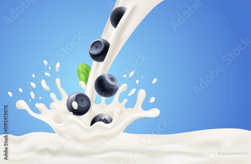 Wild blueberry berry with splash and flow of milk or yogurt, waves and streams on blue background. Vector for packaging design, drinks and food.