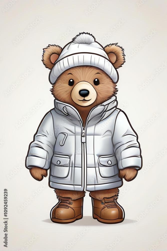 Cute bear cub with puffy coat and boots, merry Christmas, cartoon style, thin line art, all white, coloring page, clean lines, background.