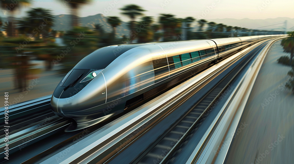 Fototapeta premium A high-speed maglev train racing along its track, leaving behind a blur of motion as it accelerates.