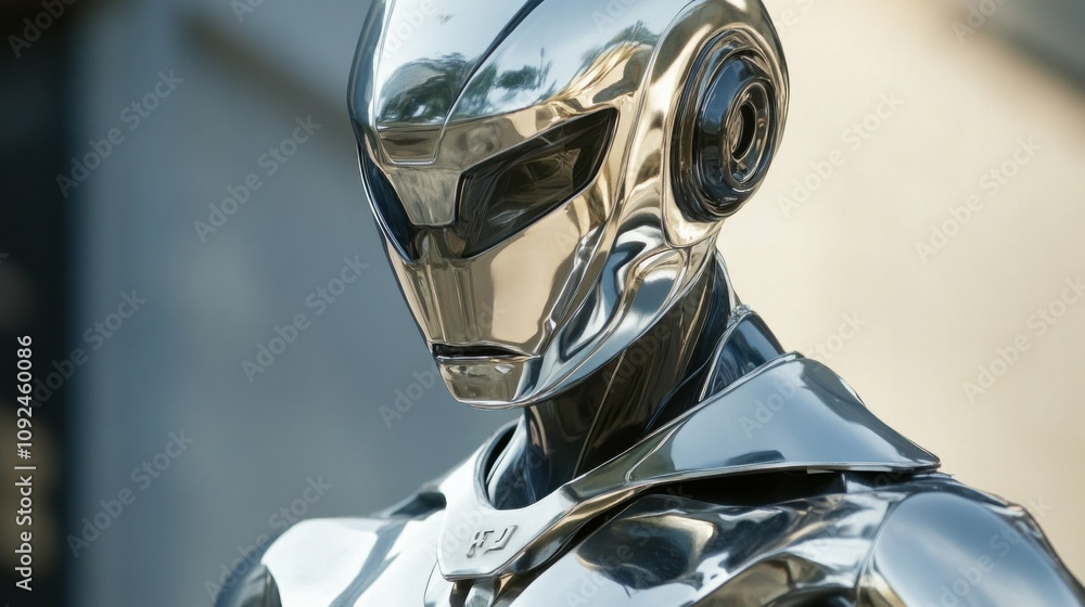 Fototapeta premium Design a contemporary statue of a futuristic robot, blending metallic textures and sleek lines, conveying a sense of advancement and technology.