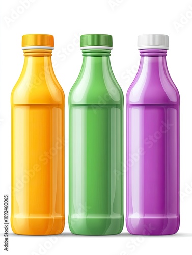 Set of 3D colored plastic and glass bottles. Realistic packaging images for dairy products and natural juices.