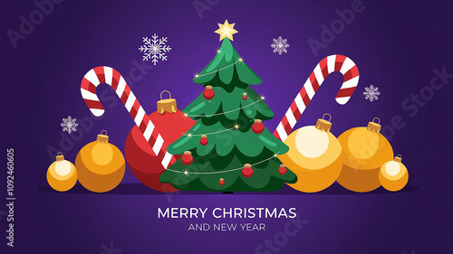 A festive New Year's card with a Merry Christmas theme green Christmas tree with red and white Christmas balls