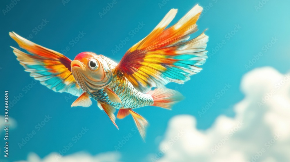 Fototapeta premium A quirky scene of a flying fish with colorful wings, symbolizing thinking outside the box, set against a bright blue sky.