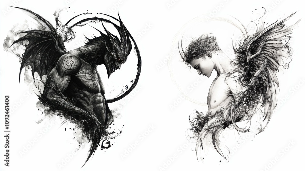 Fototapeta premium realistic tattoo design, clear outlines, divided image; left depicts a fierce demon with sharp features and dark wings, right presents a gentle angel with a radiant halo. full-body profile, side view