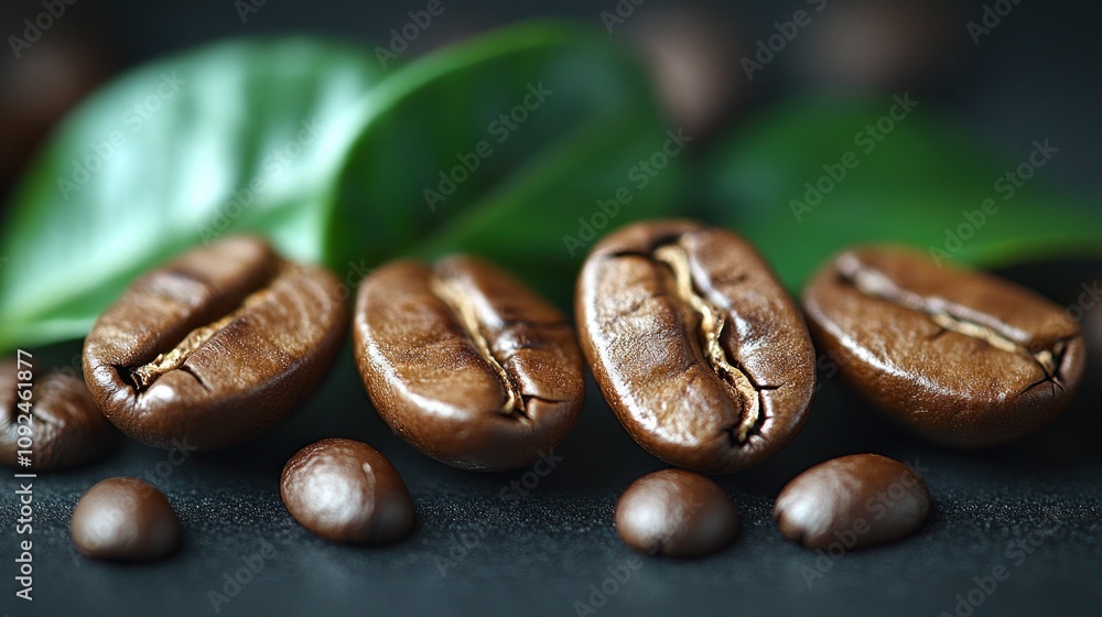 Fototapeta premium Coffee beans with green leaves on a dark surface.
