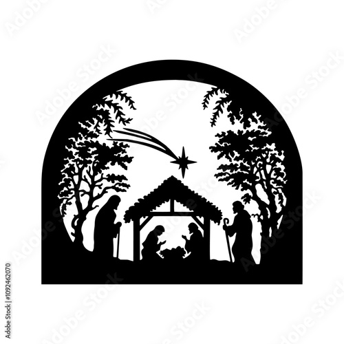 Holy Night silhouette - Nativity scene of baby Jesus silhouette in a manger with Mary and Joseph with the three wise men. Christian Christmas silhouette of animals. Illustration for children.