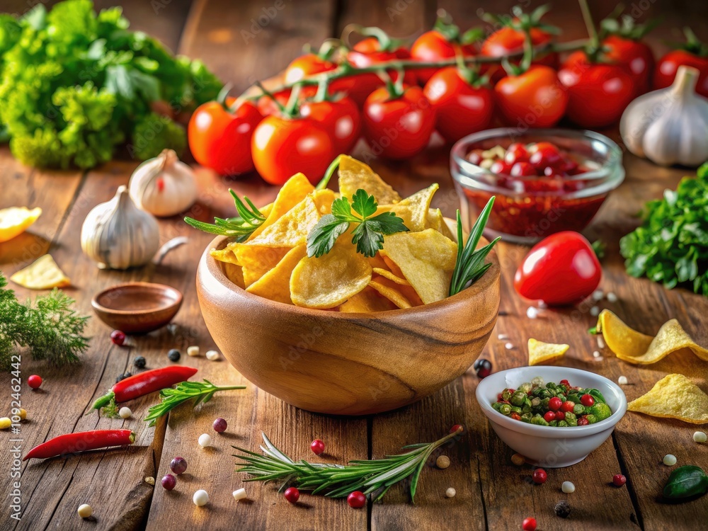 Delicious Bowl of Crispy Chips Surrounded by Fresh Ingredients and Dipping Sauces in a Rustic Kitchen Setting, Perfect for Food Lovers and Snack Enthusiasts Delicious Bowl of Crispy Chips Surrounded by Fresh Ingredients and Dipping Sauces in a Rustic Kitchen Setting, Perfect for Food Lovers and Snack Enthusiasts